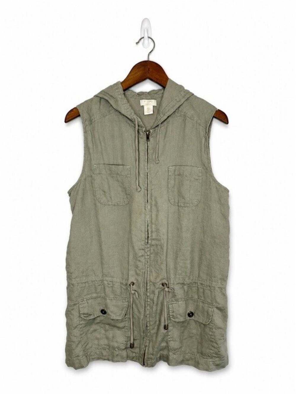 St. Tropez West 100% Linen Hooded Utility Safari Vest Olive Green Women's Large